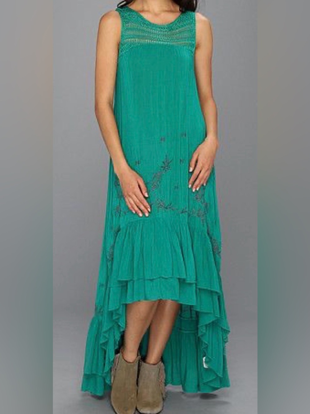 Free People Long Crochet Dress with Tiers in Emerald Combo short front Small - Picture 2 of 13